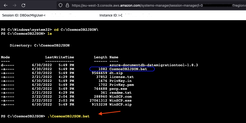 start the export-import process from Azure Cosmos DB to Amazon DocumentDB on the Windows EC2 instance