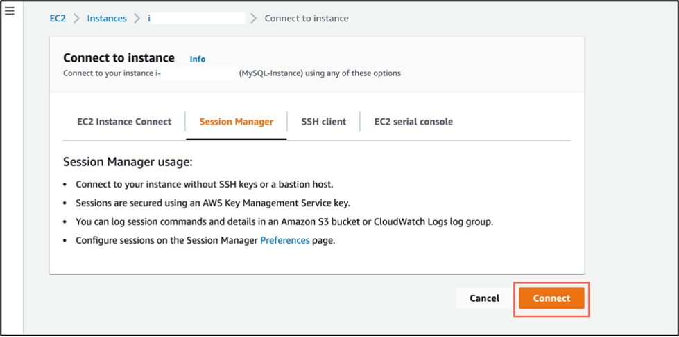 Figure 4: Connect to the source EC2 MySQL instance using Session Manager