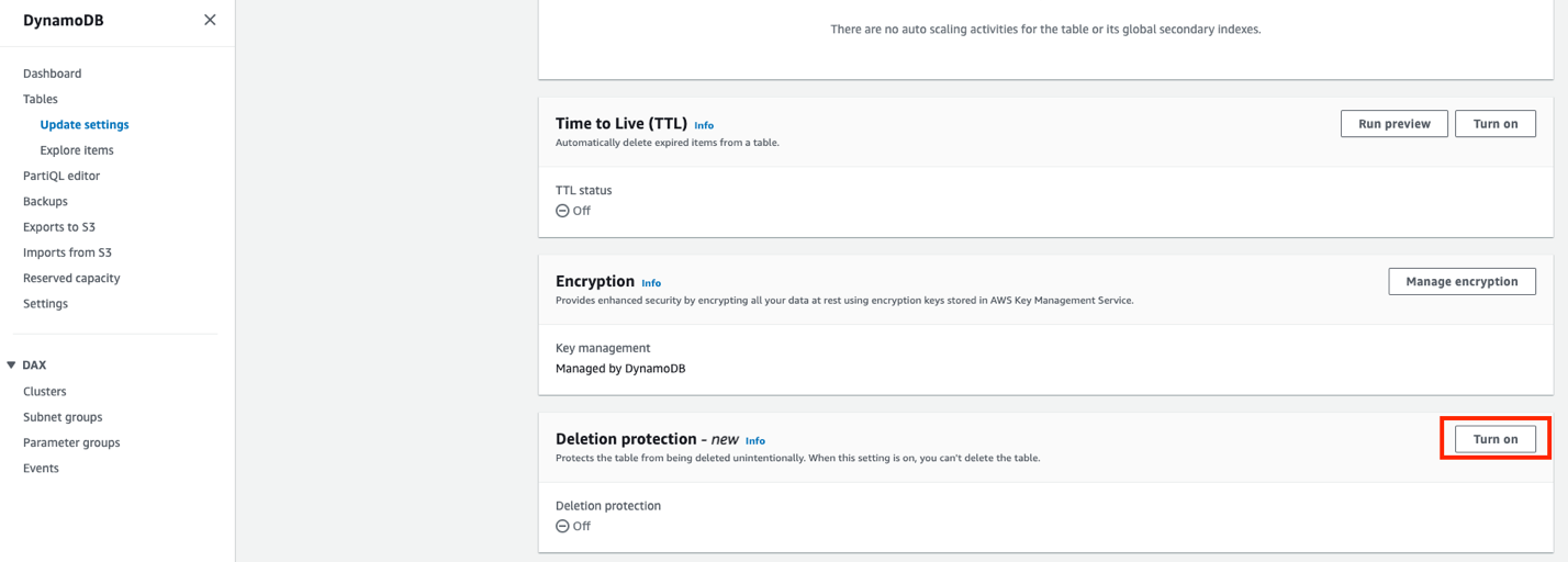 Figure 2: Turn on deletion protection for an existing table
