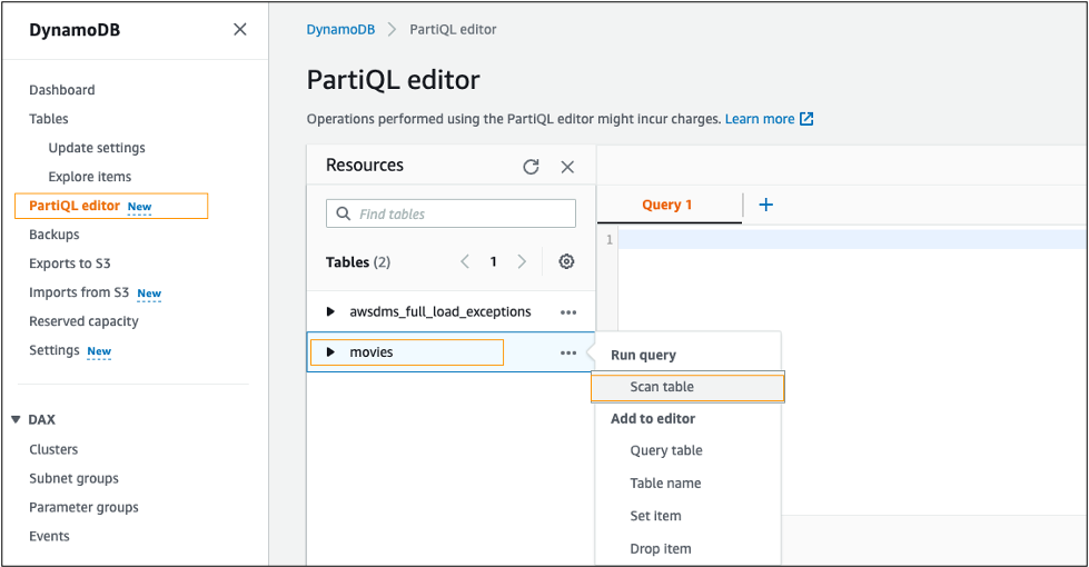 Figure 11: Explore the movies table using PartiQL editor