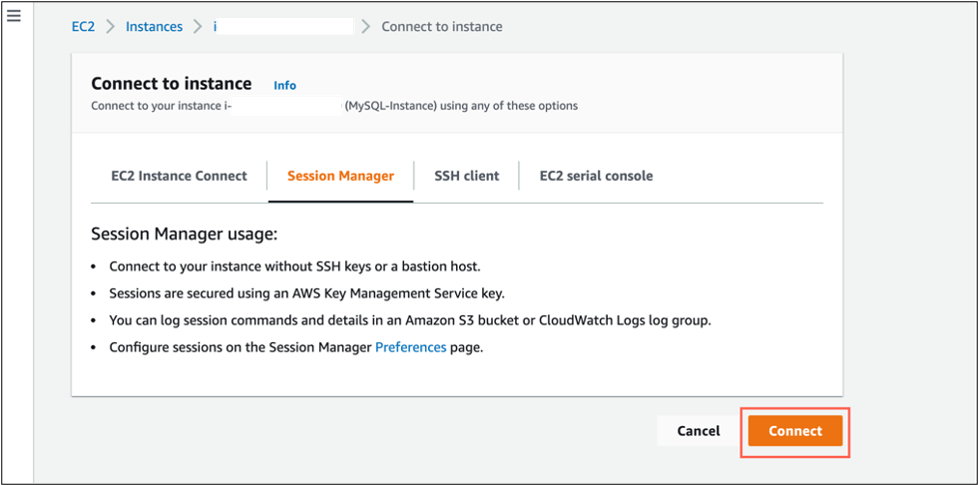Figure 2: Connect to the source EC2 MySQL instance using Session Manager