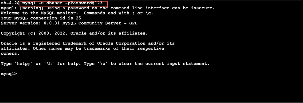 Figure 3: Log in to MySQL