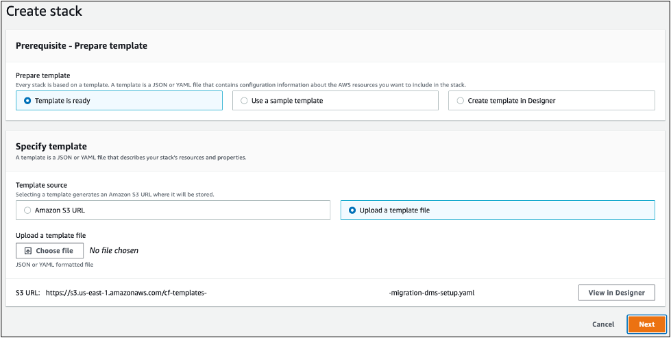 Figure 4: Use the CloudFormation stack to create a DMS replication instance 