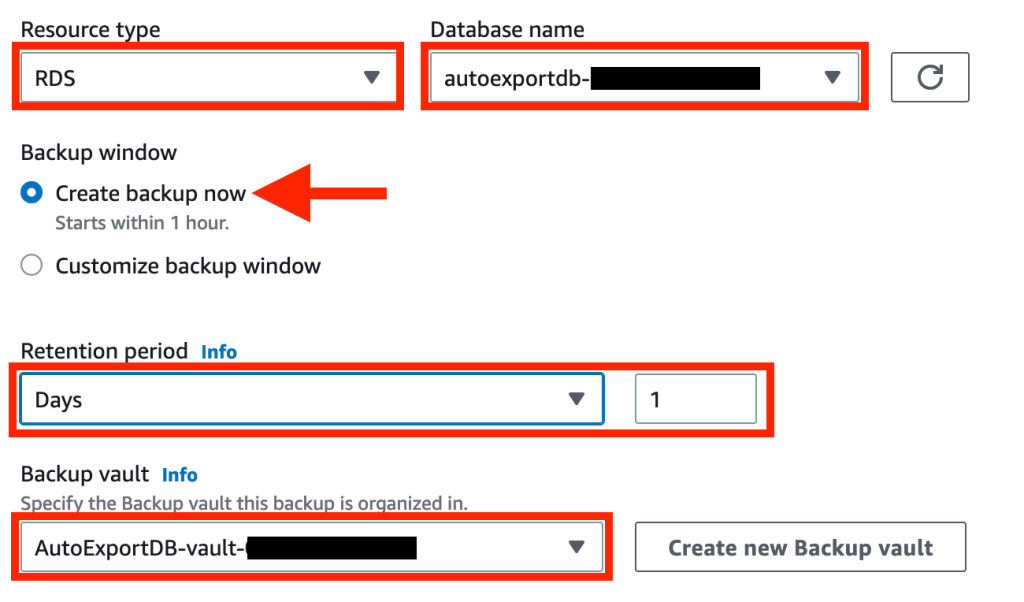 Create on demand backup step 2