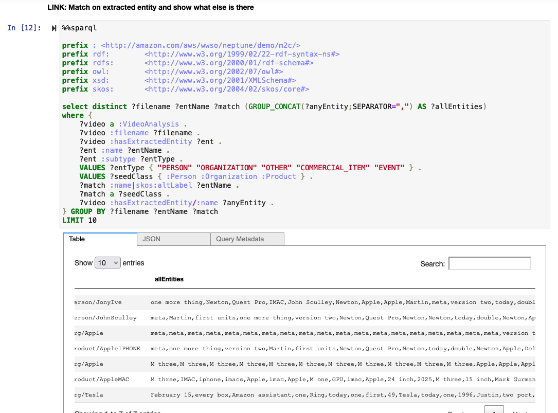 Neptune query - match extracted entitities, show other entities in same video