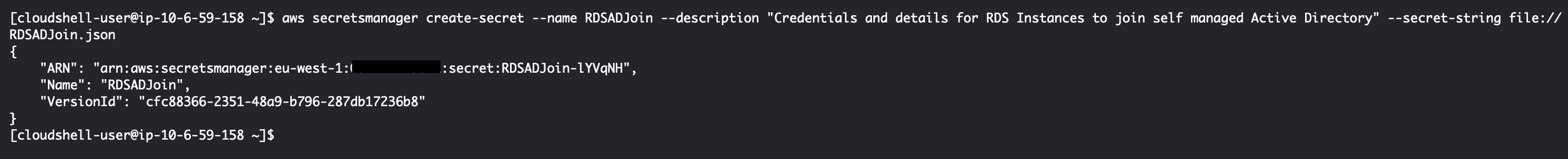 AWS CLI output of creating a secrets manager secret