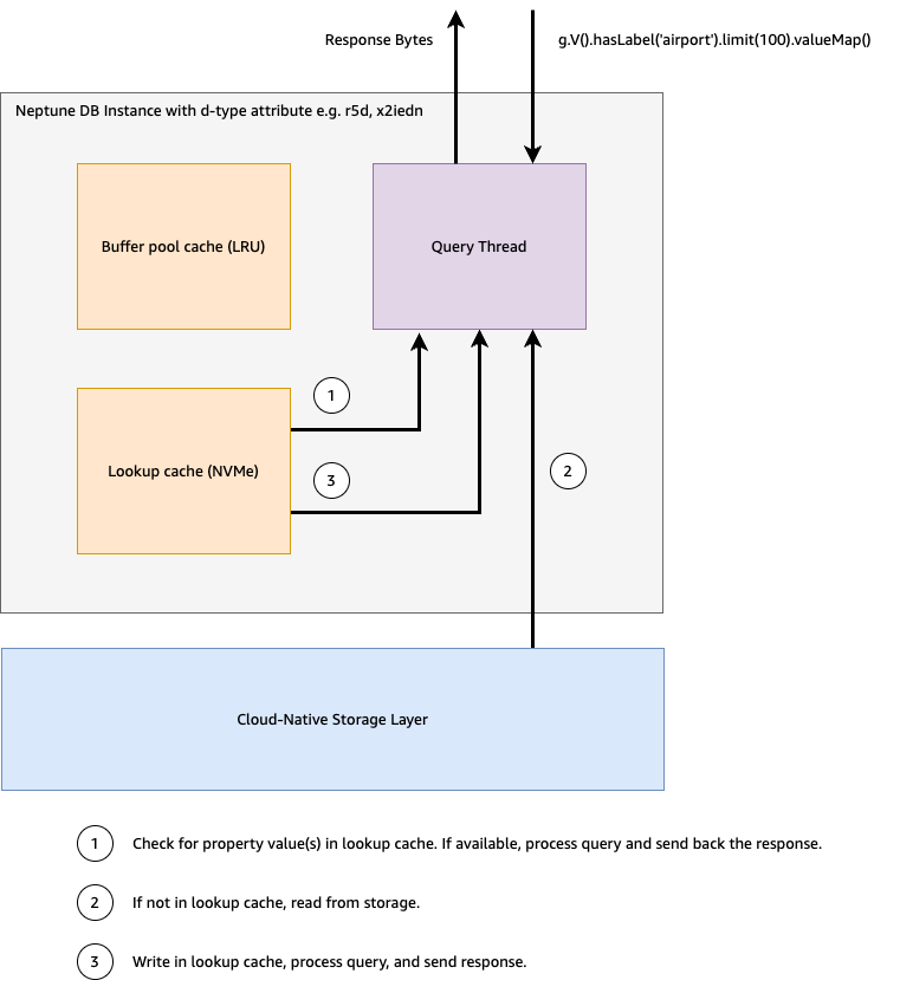 When the lookup cache is enabled, when a query comes in Neptune first checks for property value(s) within the lookup cache. If they're available, the query is processed and results returned back to the client. If the property values needed are not in the lookup cache, they are read from the distributed storage volume and written into the lookup cache. The query is then processed and a response returned to the client.