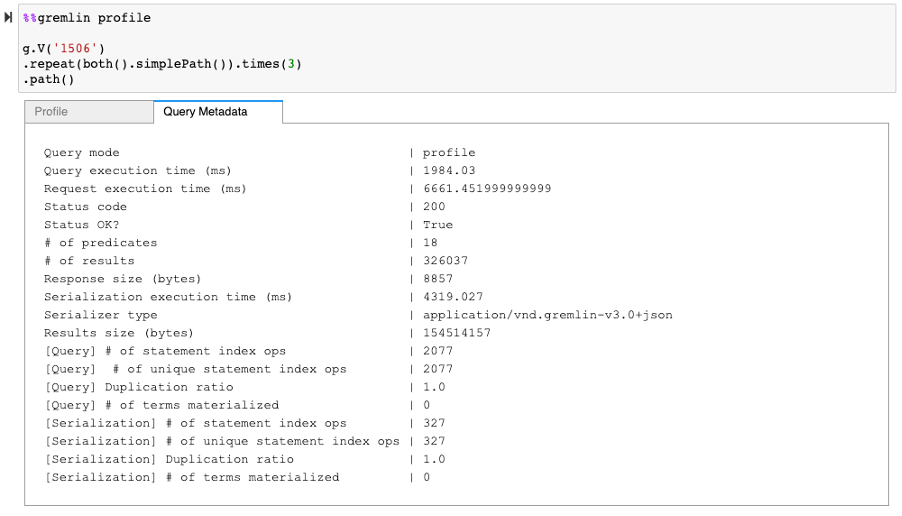 The query "g.V('1506').repeat(both().simplePath()).times(3).path()" takes about 2 seconds to run on a warm buffer pool cache.