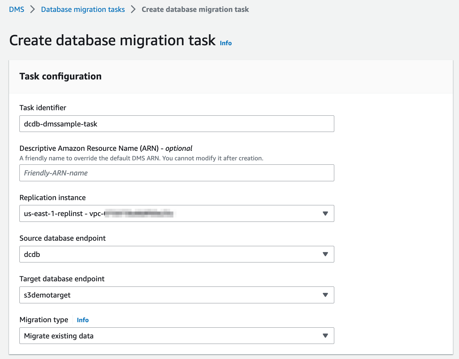 DMS migration task screenshot
