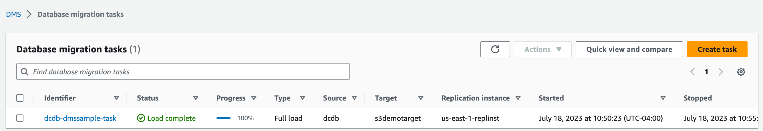 DMS migration status screenshot