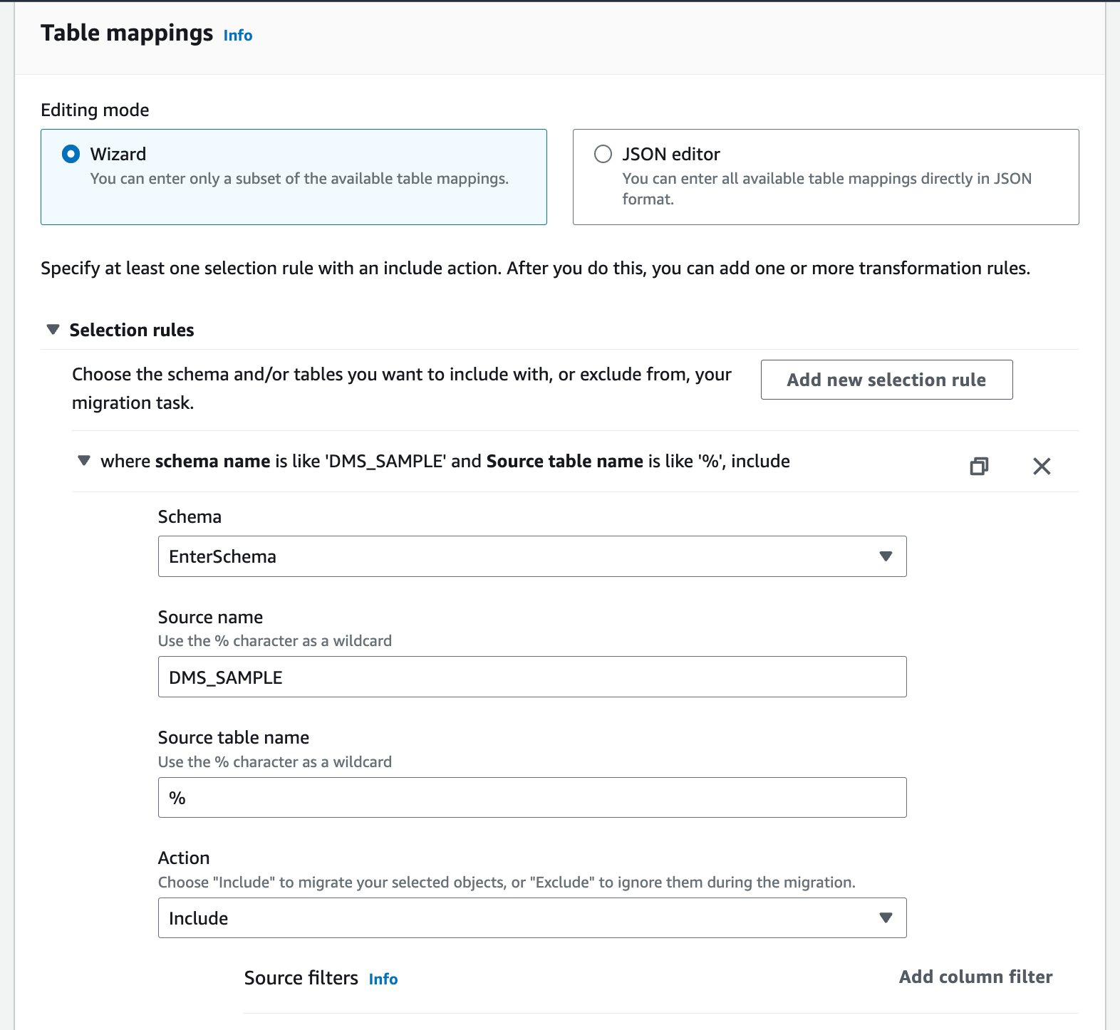 DMS migration screenshot for tables