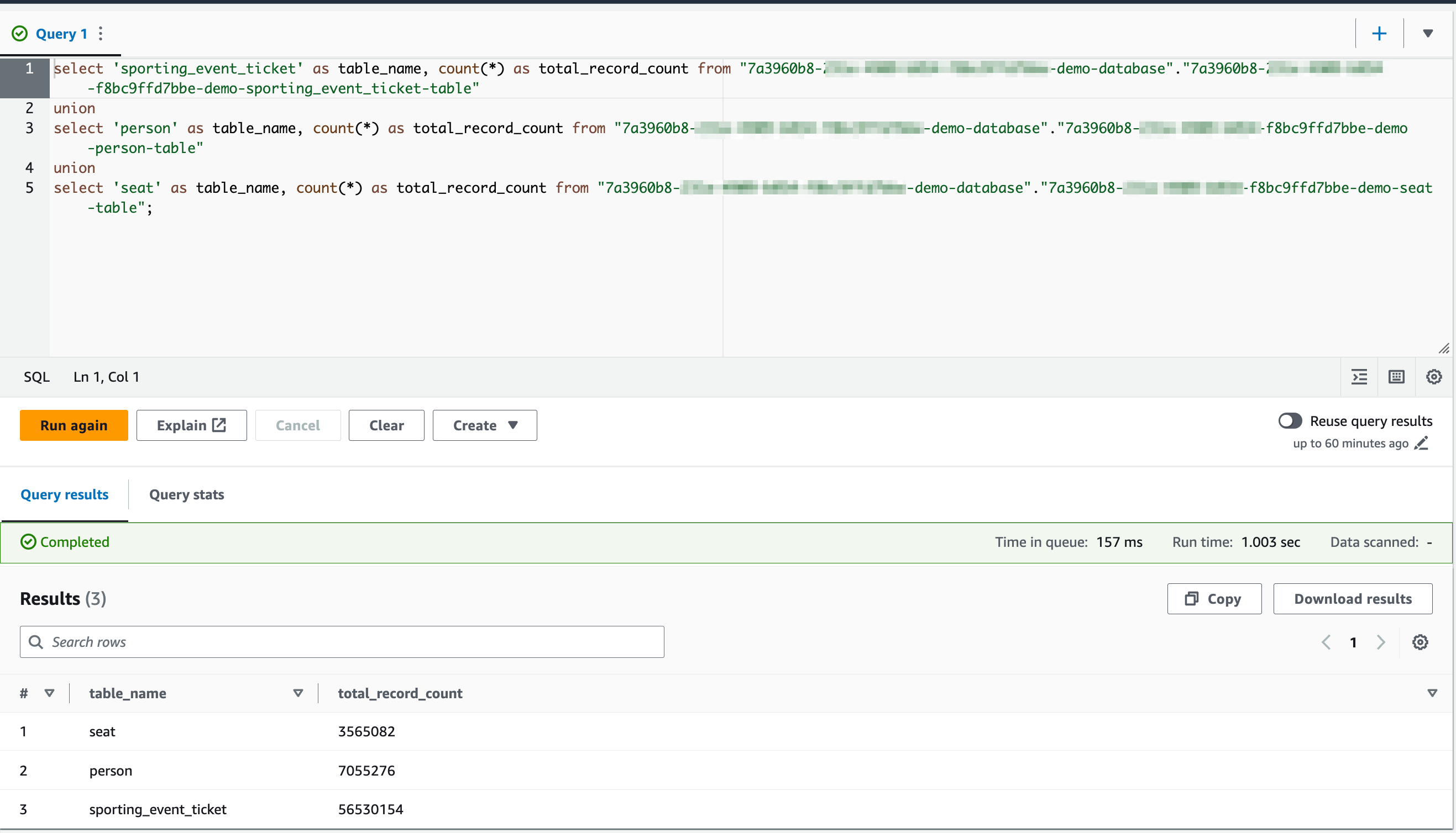 SDAS Athena query screenshot