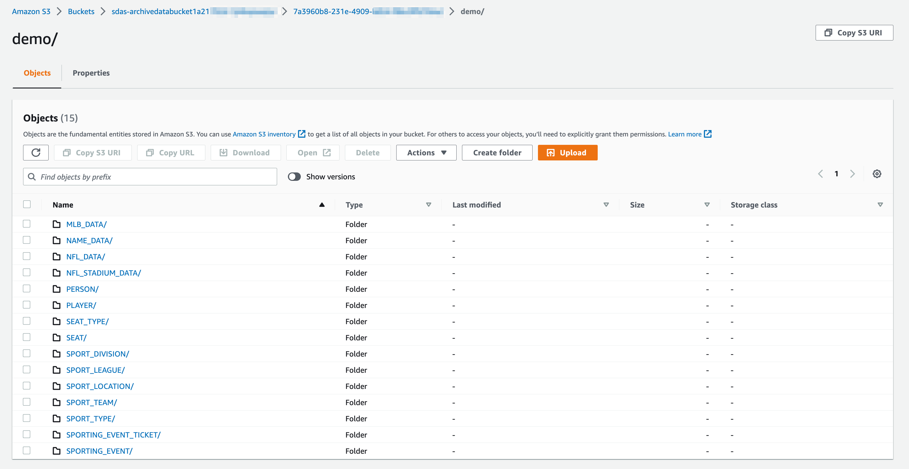 SDAS S3 bucket screenshot