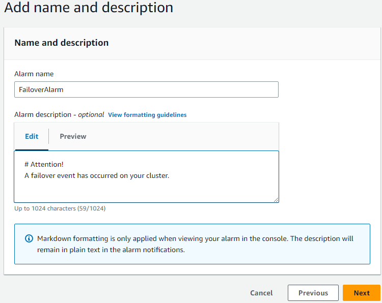 Specifying the alarm name and description