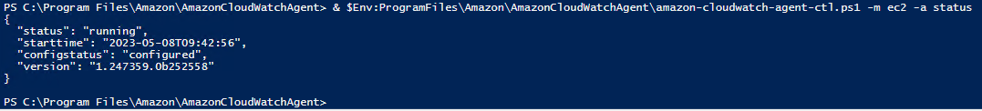 Output of PowerShell script to check the Amazon CloudWatch agent status