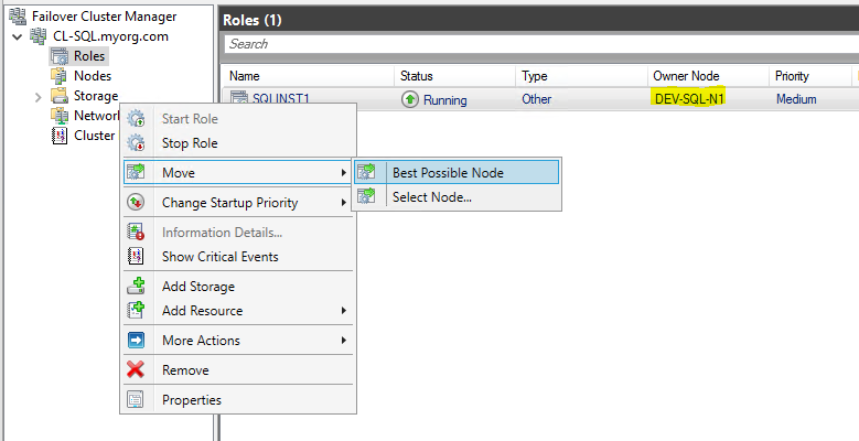 Performing a failover on Windows Failover Cluster resource