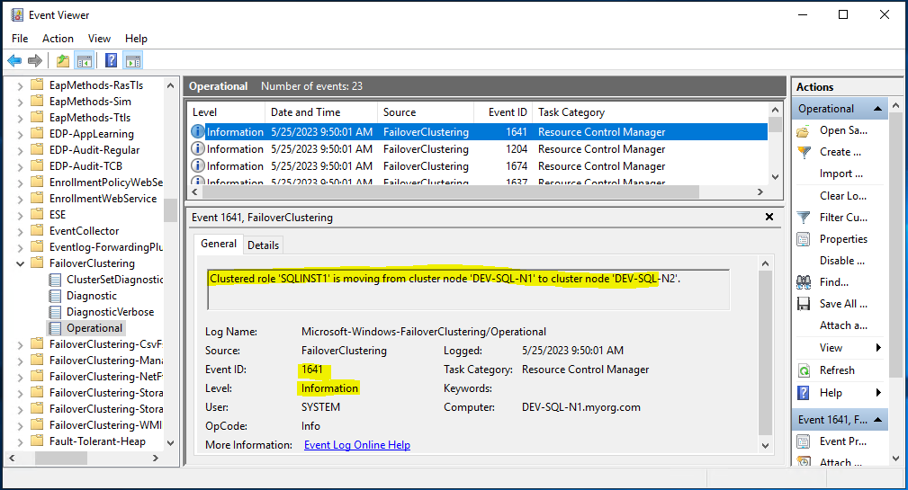 Event Viewer showing the log for failover operation