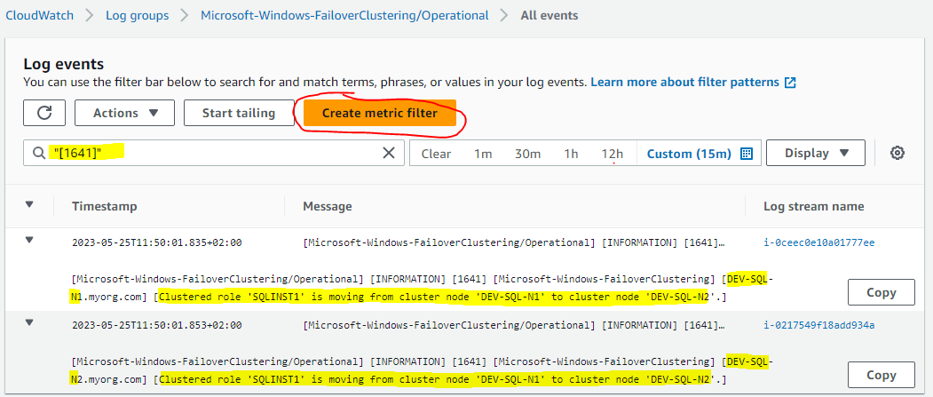 Creating a metric filter for the failover event ID