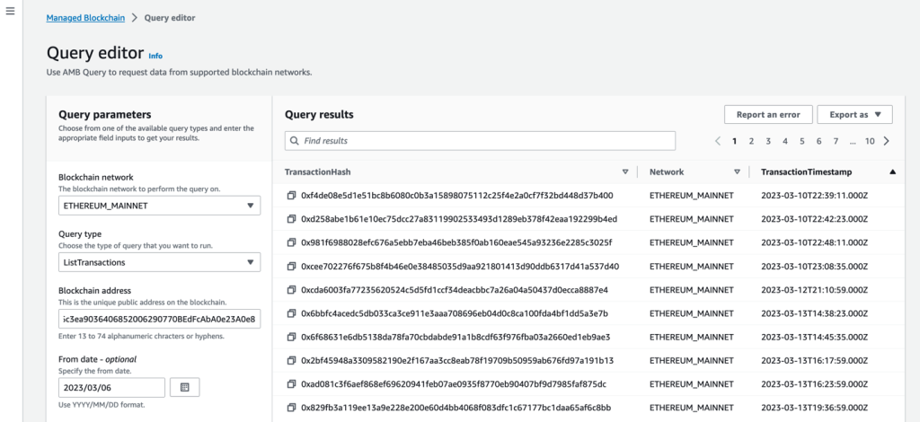 AWS Console displaying the result of ListTransactions on Amazon Managed Blockchain Query