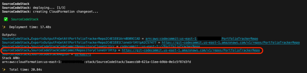 Terminal screenshot illustrating example output from the CDK deployment, highlighting the CodeCommit repository URL returned