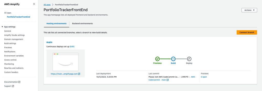 AWS Amplify console page displaying the portfolio tracker frontend app dashboard