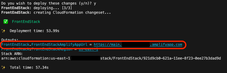 Terminal screenshot highlighting the Amplify UI URL provided as result from CDK deployment