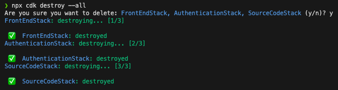Terminal screenshot showing cdk destroy command