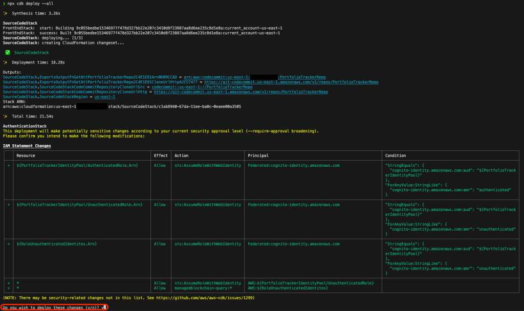 Terminal displaying the deployment of CDK application