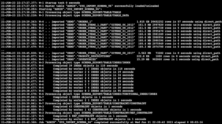 Oracle Data Pump detailed output screenshot