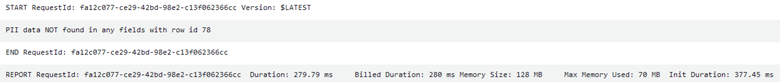 Snippet of Cloudwatch logs from the lambda function invocation that show no PII detection