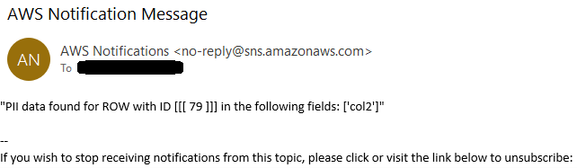 E-mail with the notification from SNS that PII is detected in field with ID 79 at col2