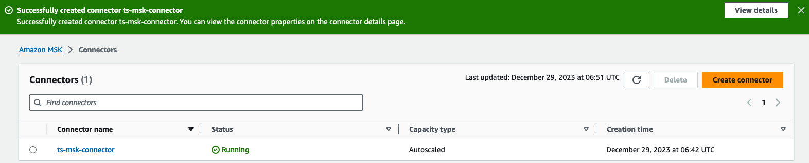 The screenshot shows that the connector status changes to Running once it is active