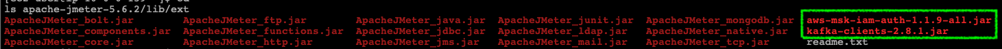 The screenshot displays that the jars - kaka-clients and aws-msk-iam-auth are downloaded properly at apache-jmeter-5.6.2/lib/ext