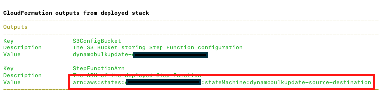 screenshot of SAM CLI after deployment showing the ARN of the deployed step function