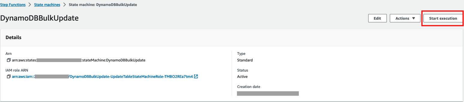 the start execution button in the Step Function page of the AWS Console