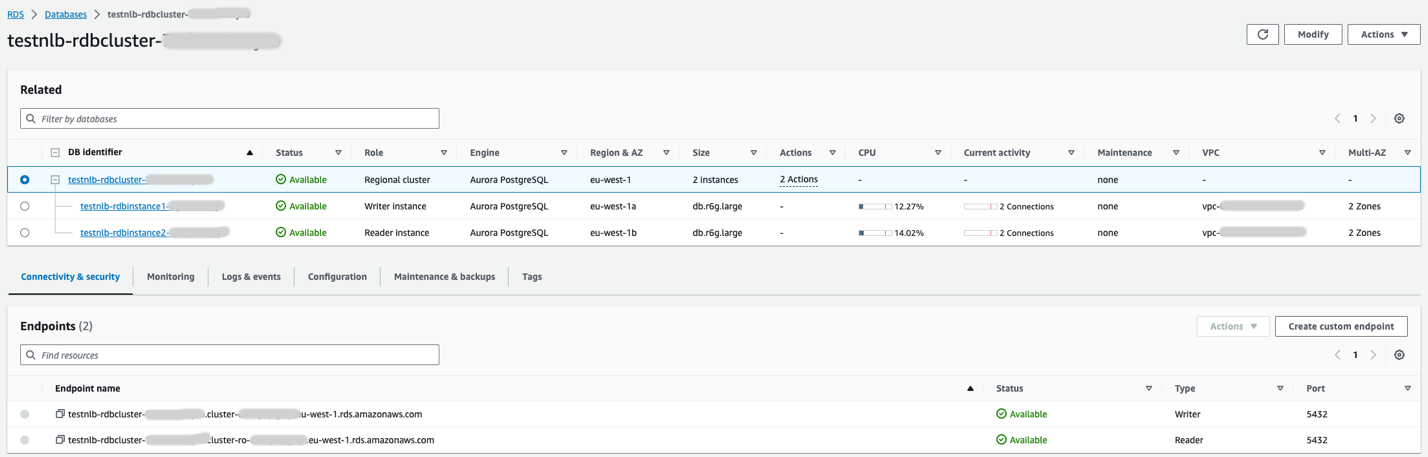 Amazon RDS console - database home page