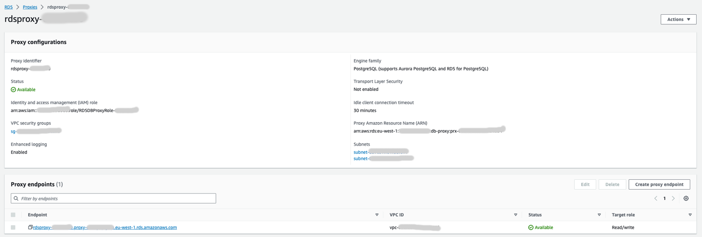 RDS Proxy console - database proxy home page