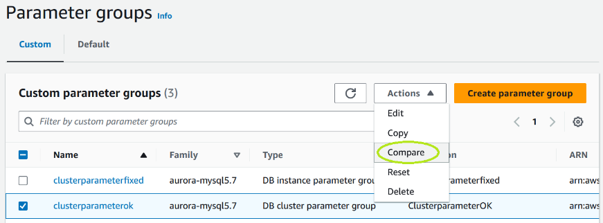 Amazon RDS Parameter Group listing