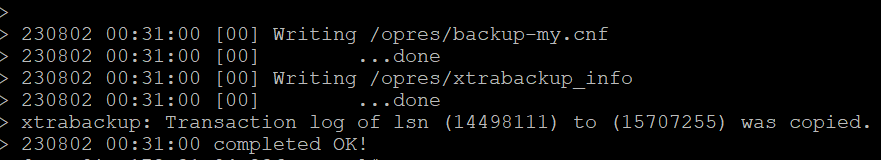 End of the xtrabackup log file indicating that the backup completed OK