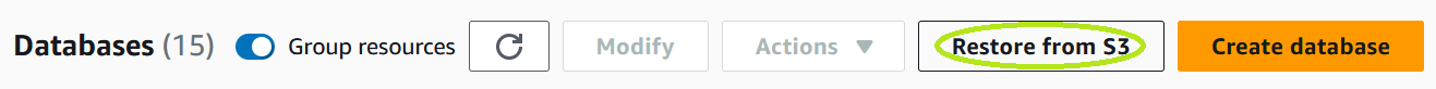 RDS console representation of 'restore from s3' button