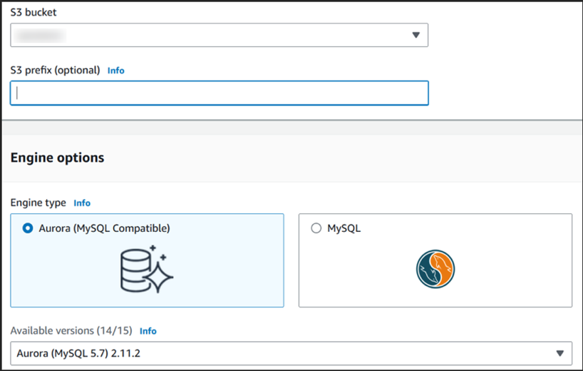 RDS console representation of restore from S3 dialog, Enter the most appropriate Amazon Aurora version for your workload.