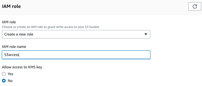 RDS console representation of restore from s3 dialog. Enter IAM role.