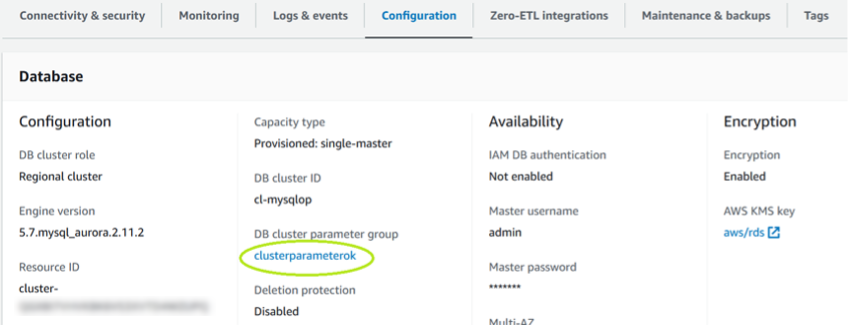 Configuration tab in RDS console, reflecting correct parameter group.