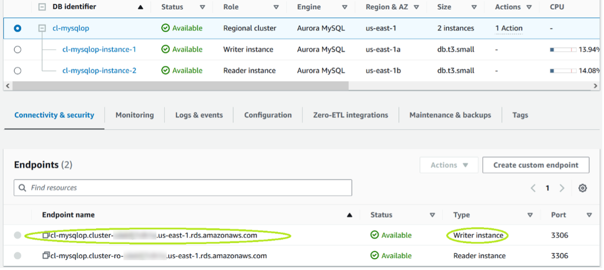 Aurora cluster read-write endpoint listed in Connectivity & Security section under the cluster.