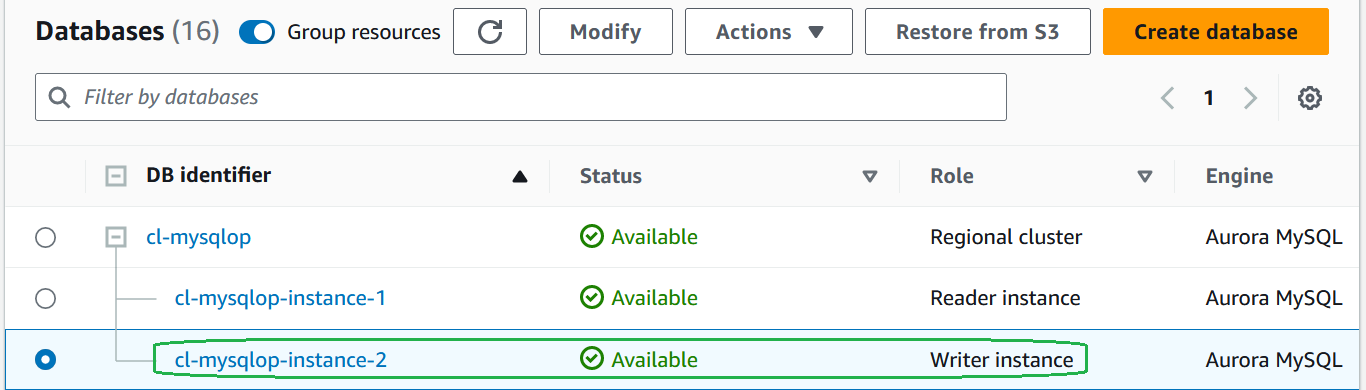 Verification that cl-mysqlop-instance-2 is now the writer instance