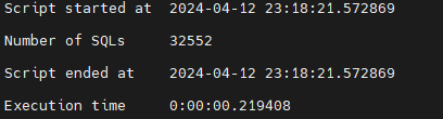 Script output displaying start time, numer of SQLs processed, end time, and elapsed time.