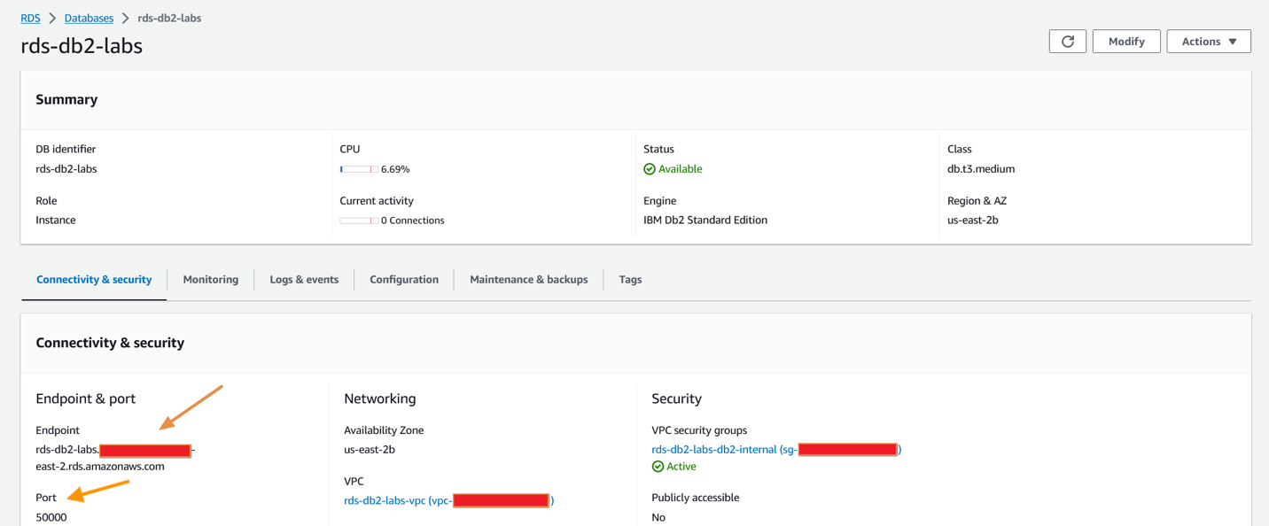 Image of the AWS console showing where to get the database enpoint link.