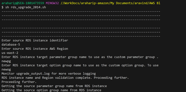 RDS SQL Server upgrade automation sample output
