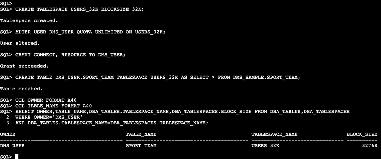 RDS for Oracle 32K block size tablespace creation