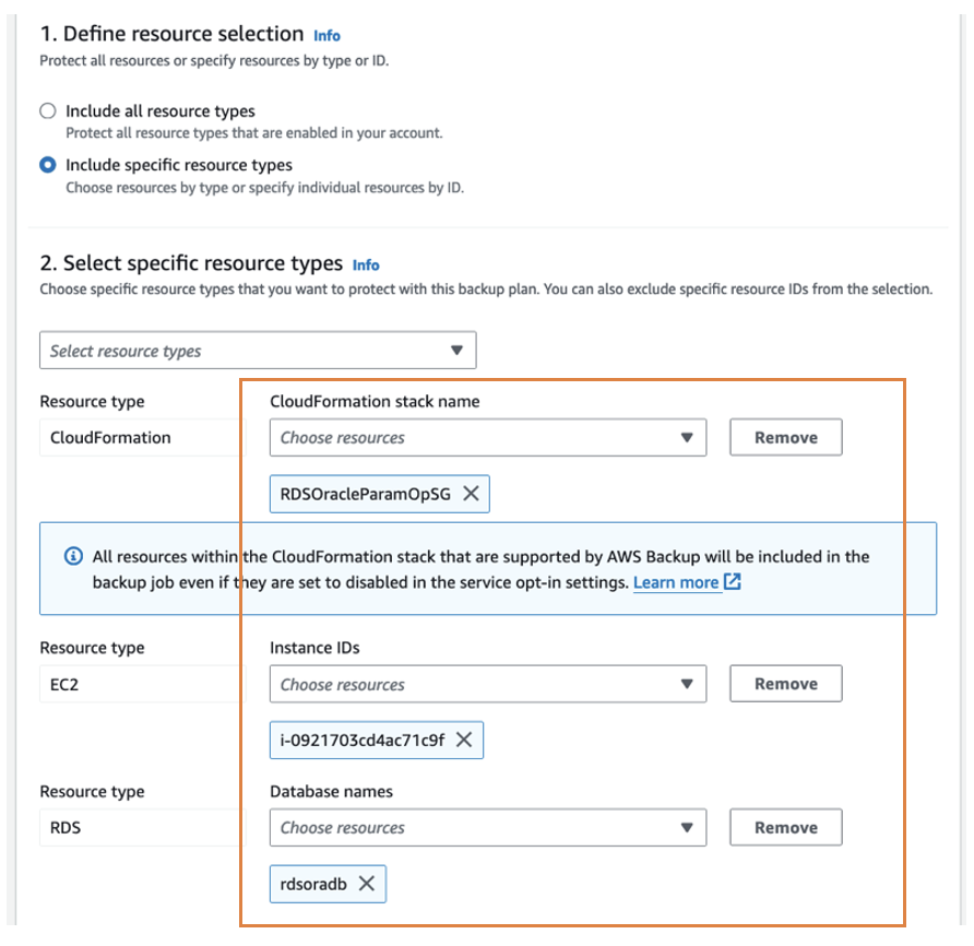 AWS Backup backup plan CloudFormation, EC2 instance and RDS database resource assignment